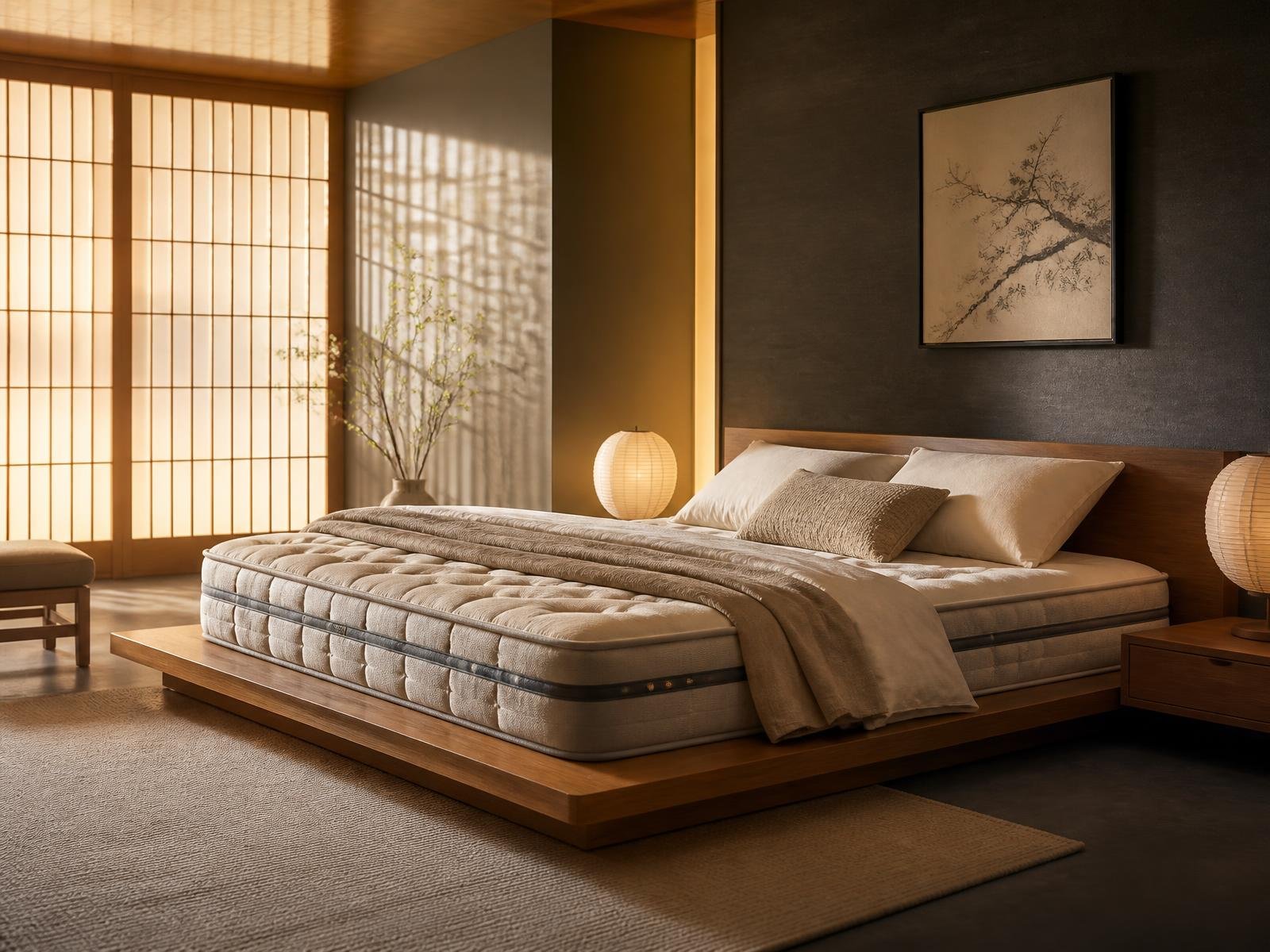Colchão terapêutico Oriental em quarto japonês com luz suave da manhã